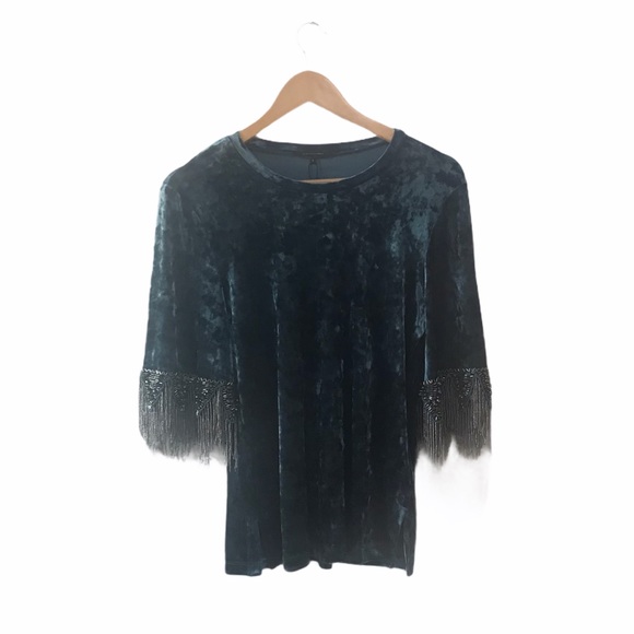 Kobi Halperin Jennifer Velvet Crewneck Fringe-Cuff in Topaz, S - Picture 2 of 11